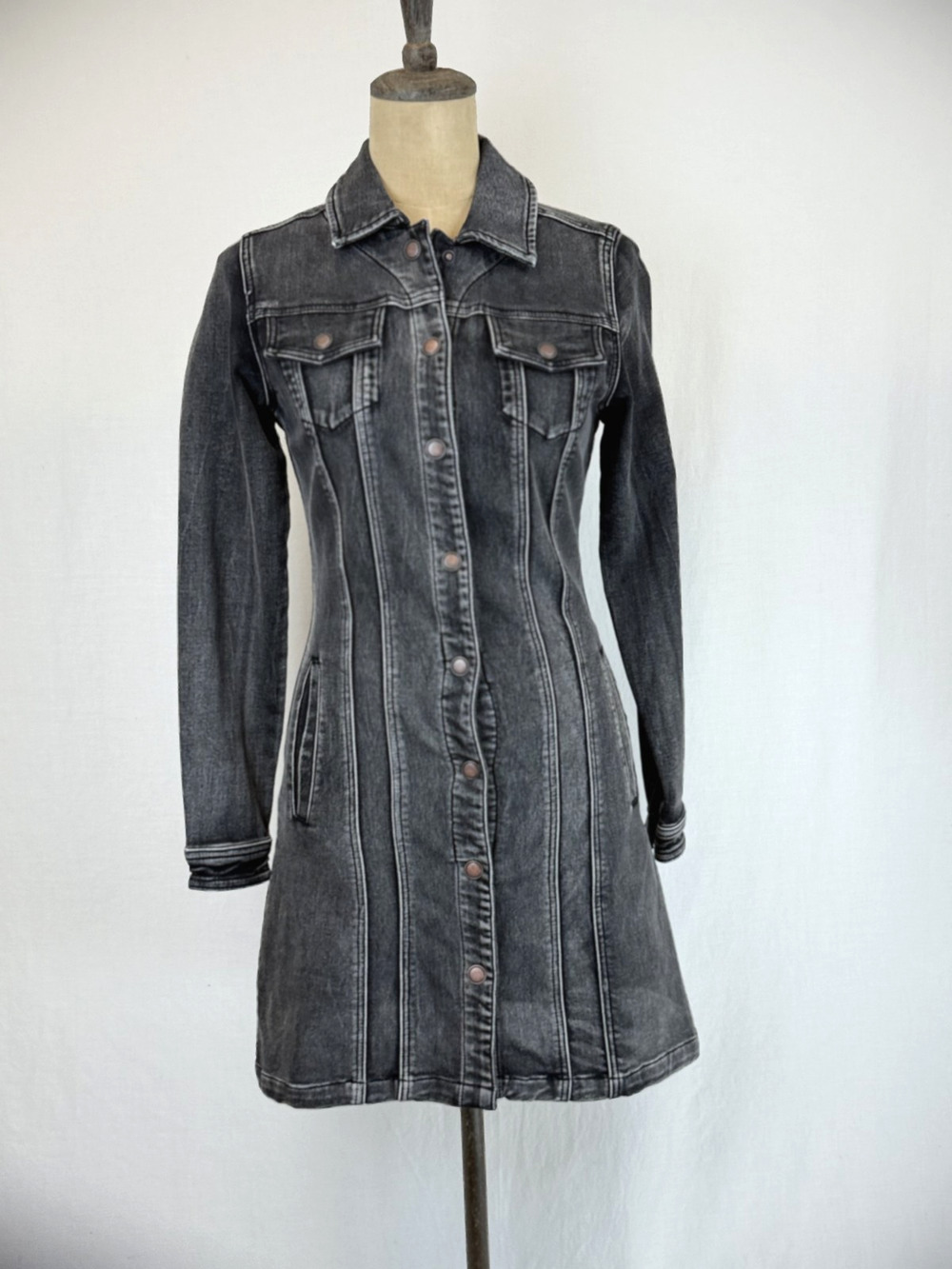 NWT Dear John BOUTIQUE Distressed Black Long Denim Stretch Jacket #0395 SM